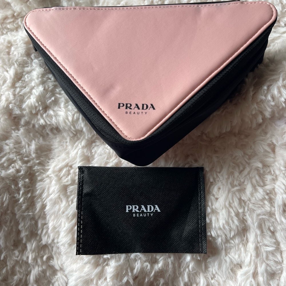 Prada Beauty Pink and Black Triangle Pouch with Prada Beauty Mirror included